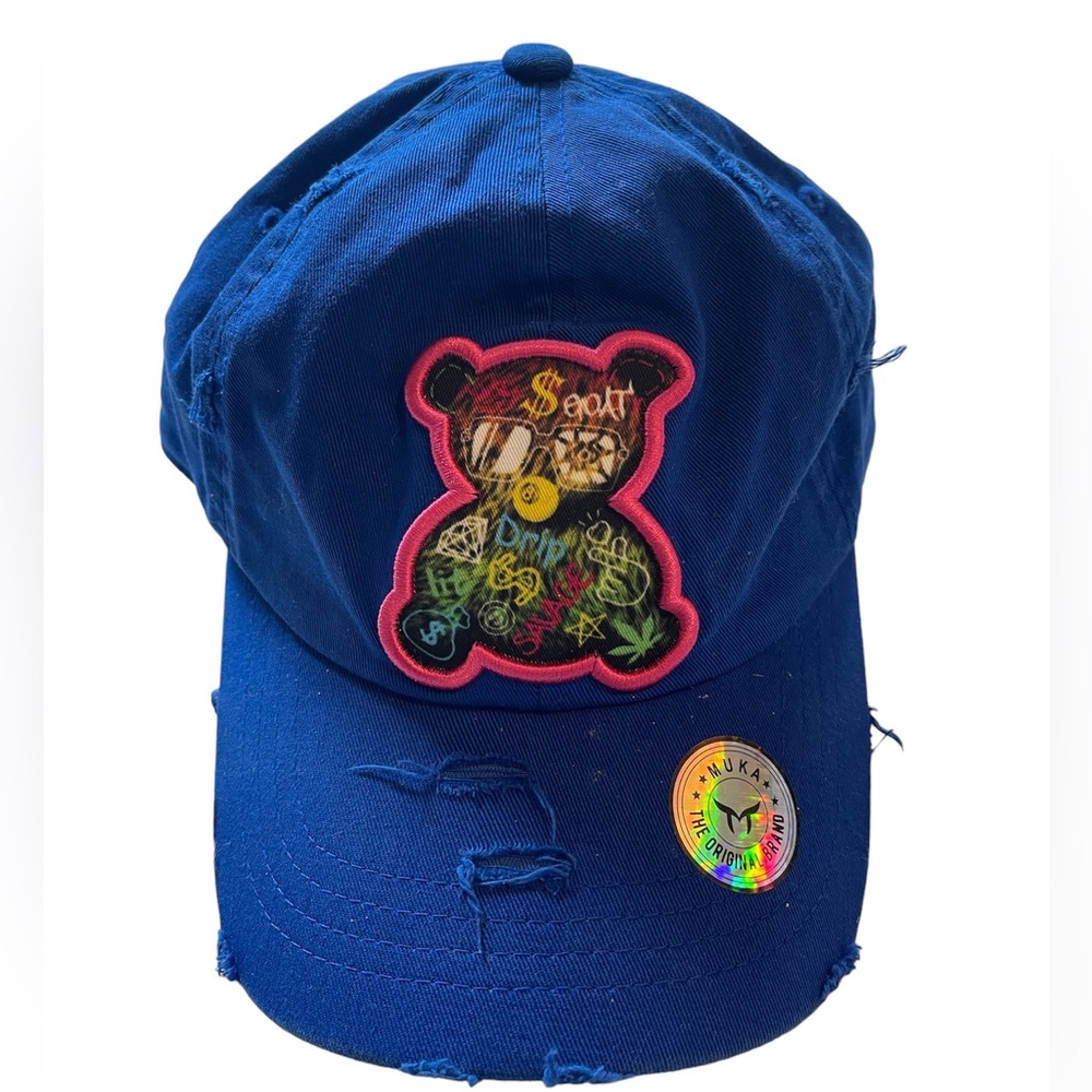 Mika Adjustable royal blue Hat graffiti bear, some wear inside hat.